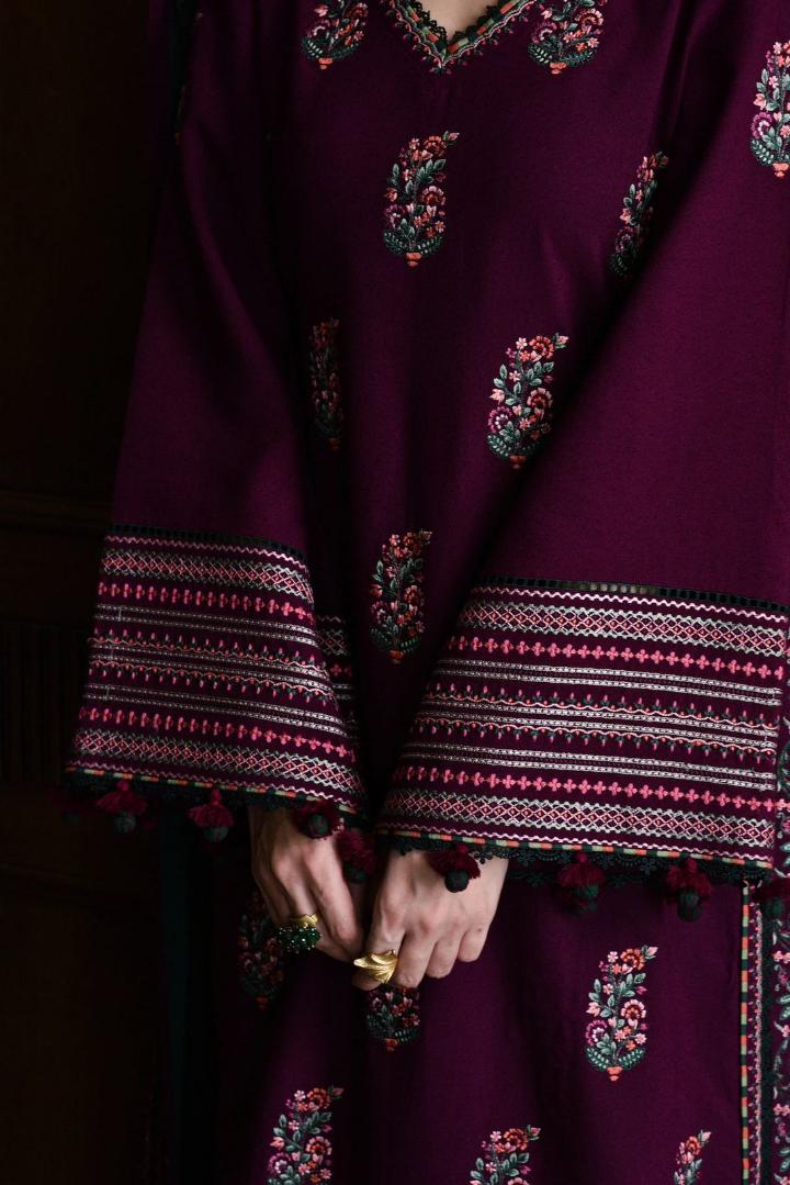 Royal Plum Khaddar Embroidered 3-Piece Suit - Premium Collection