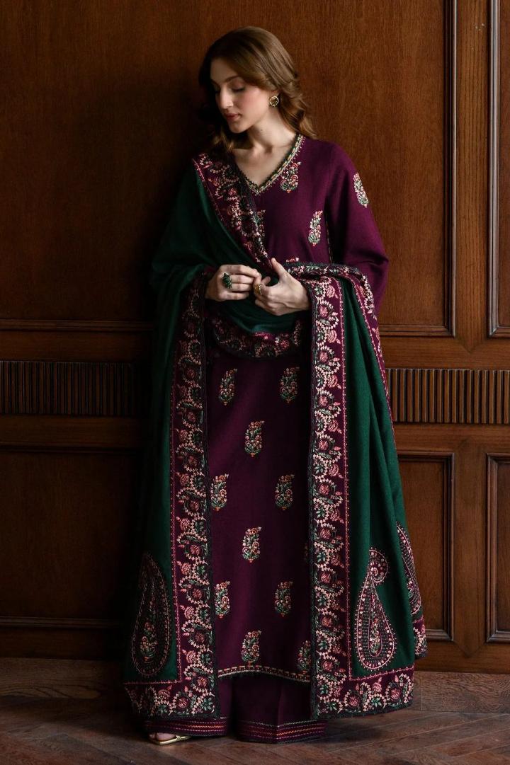Royal Plum Khaddar Embroidered 3-Piece Suit - Premium Collection