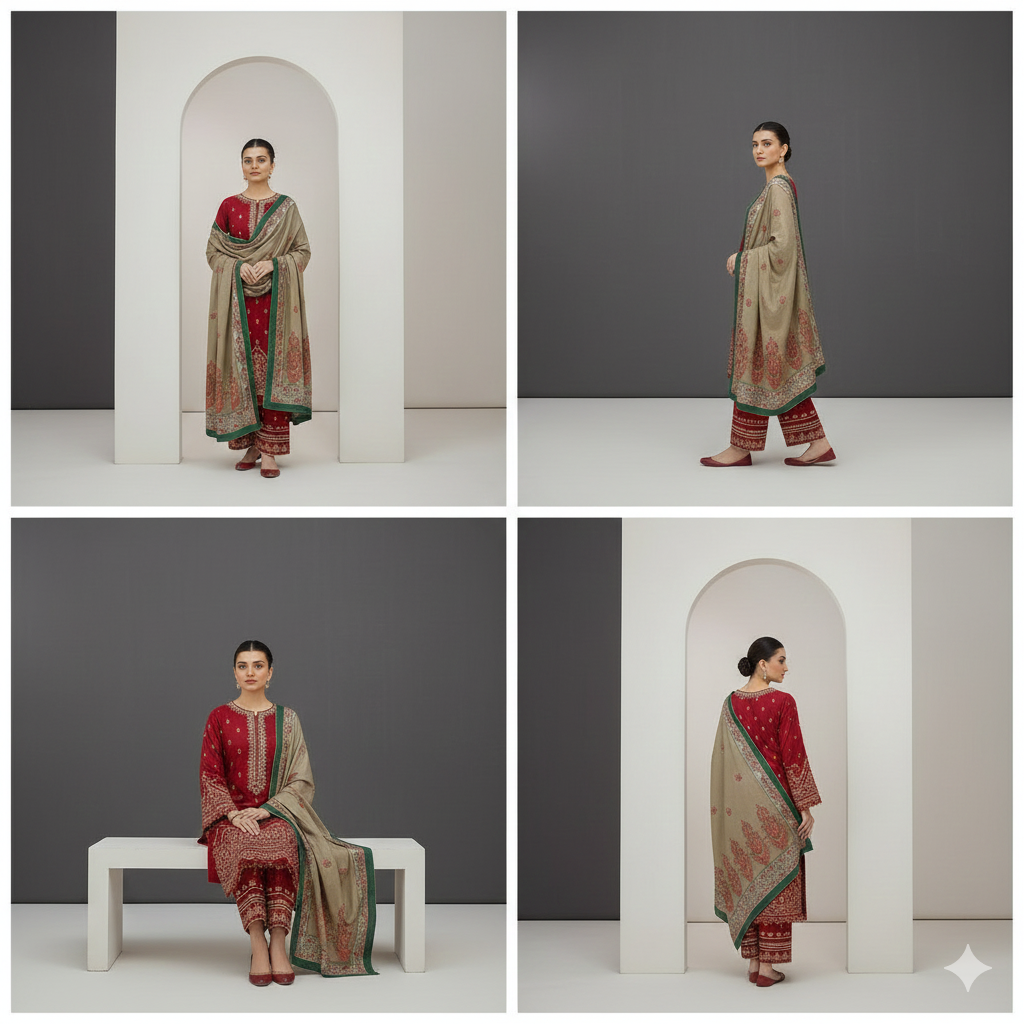 Dhanak Crimson Elegance 3-Piece Embroidered Winter Luxe Collection