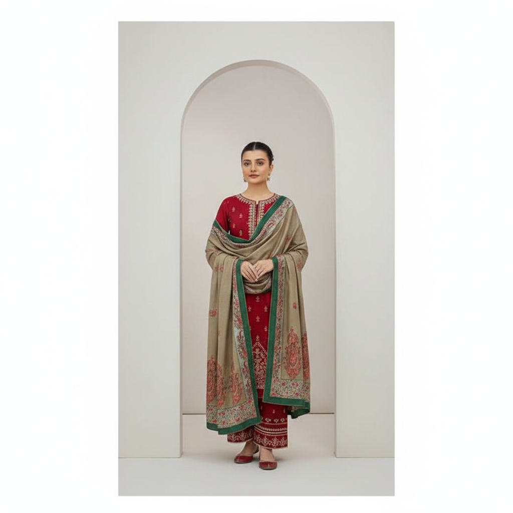 Dhanak Crimson Elegance 3-Piece Embroidered Winter Luxe Collection