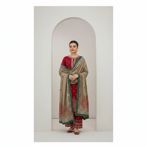Dhanak Crimson Elegance 3-Piece Embroidered Winter Luxe Collection