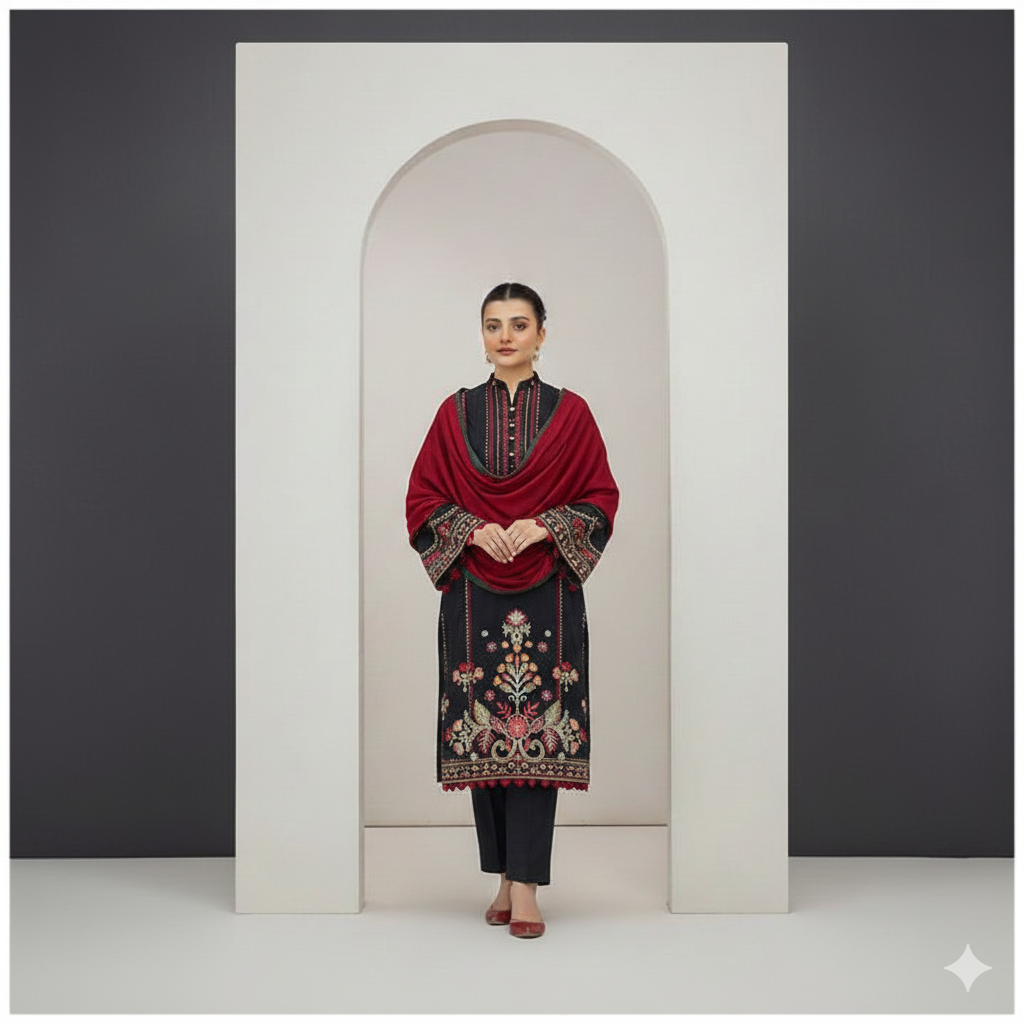 Dhanak Pashto Black Royale 3-Piece Embroidered Winter Collection