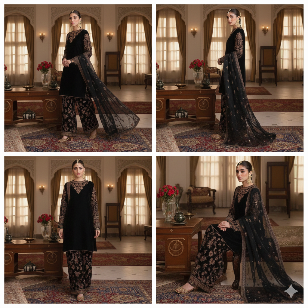 The Midnight Sultana Luxury Unstitched 3-Piece Jet Black Velvet Ensemble