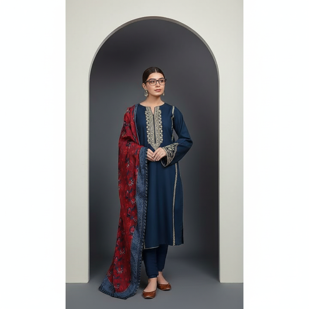 Dhanak Navy Opulence 3-Piece Embroidered Winter Luxe Collection
