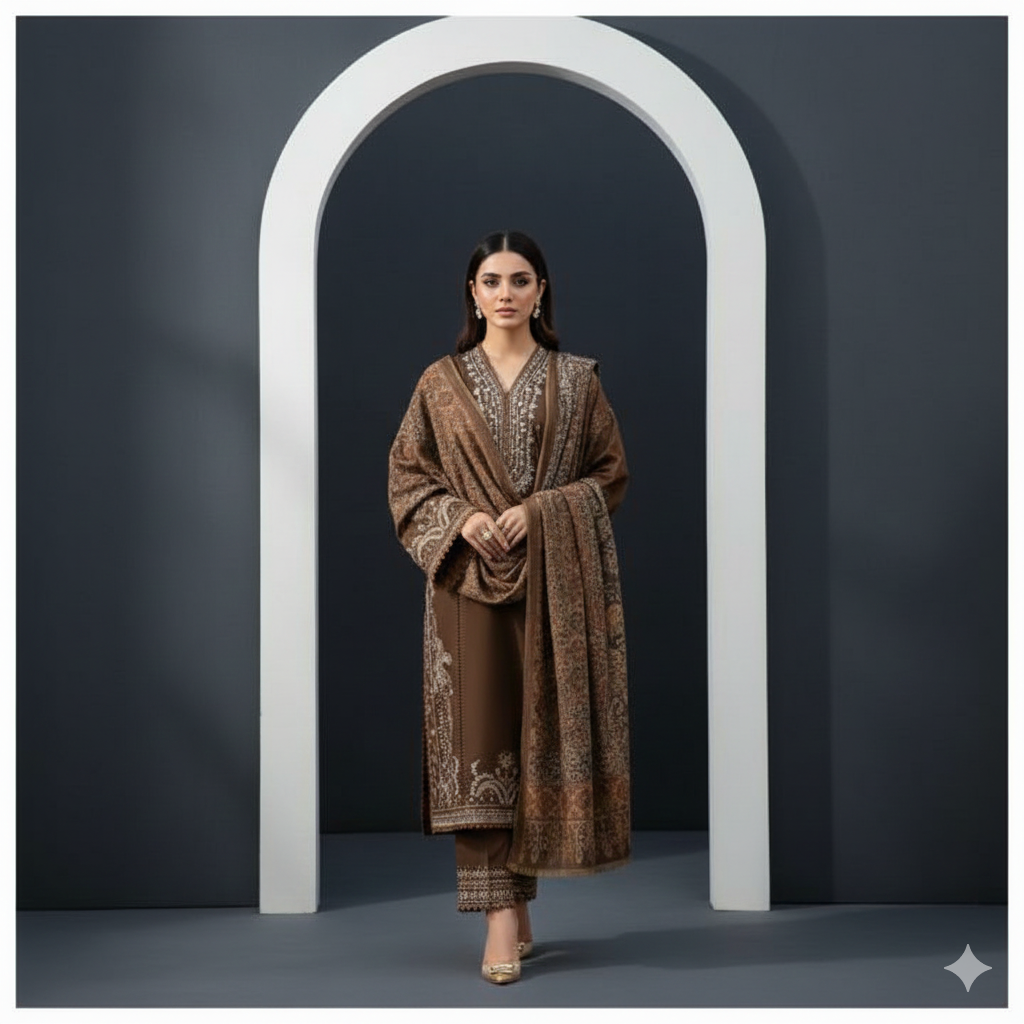 Dhanak Bronze Elegance 3-Piece Embroidered Winter Luxe Collection