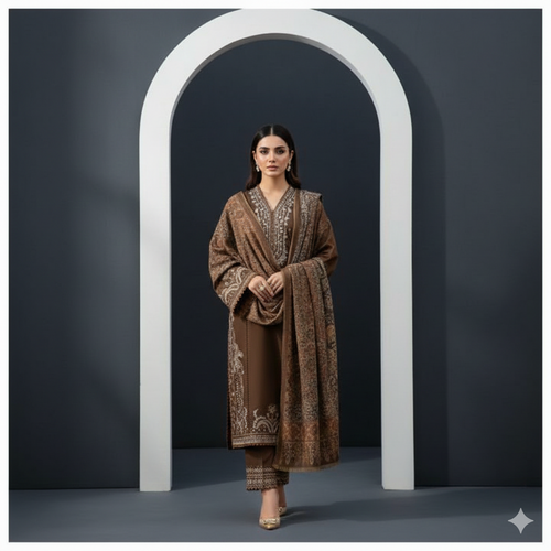 Dhanak Bronze Elegance 3-Piece Embroidered Winter Luxe Collection