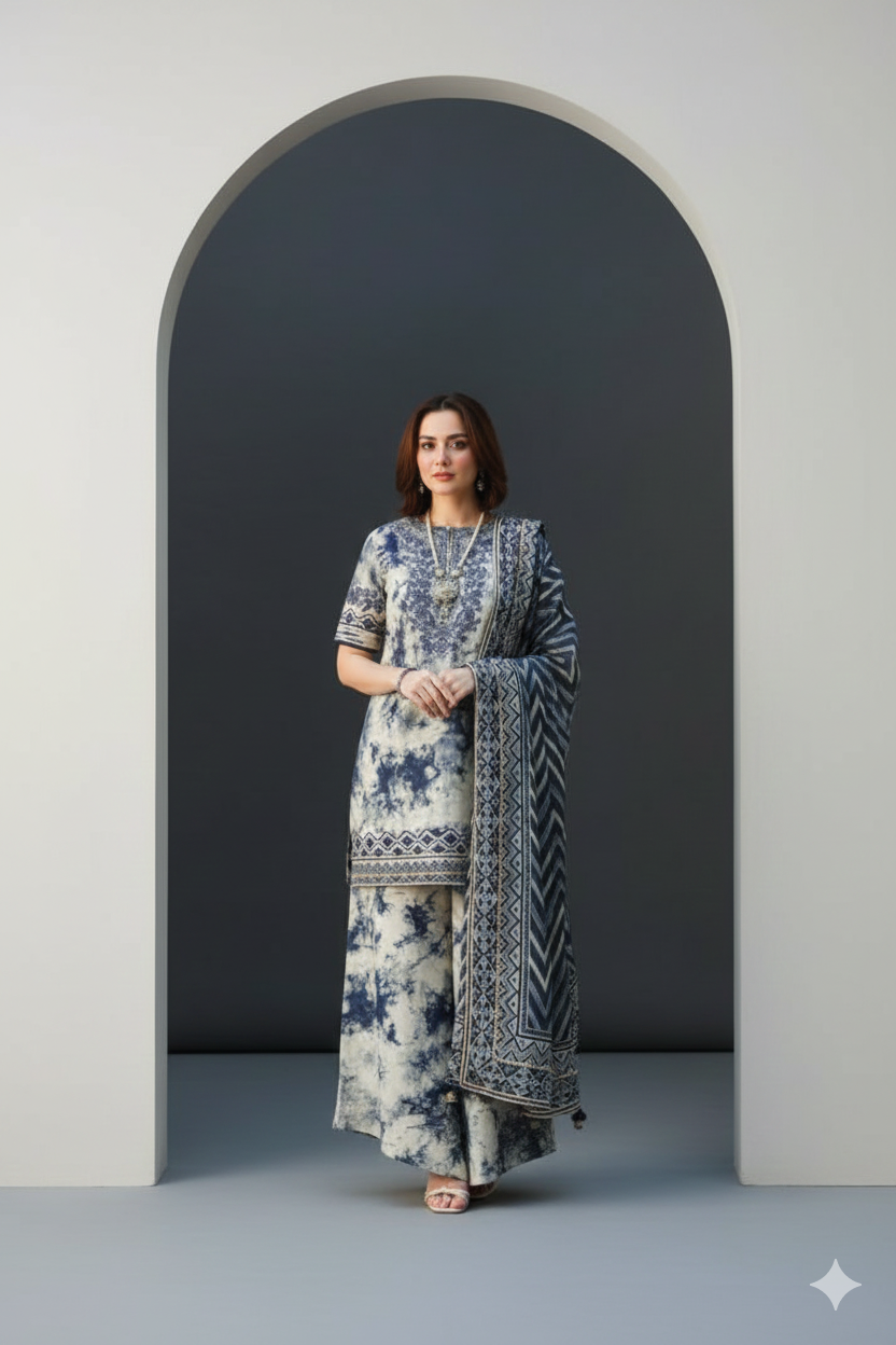 Navy Floral Lawn 3-Piece Suit