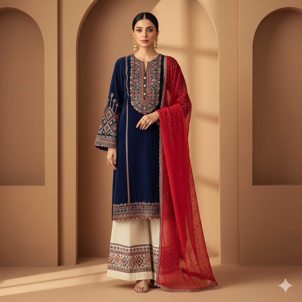 Dhanak Azure Dreams 3-Piece Embroidered Winter Collection