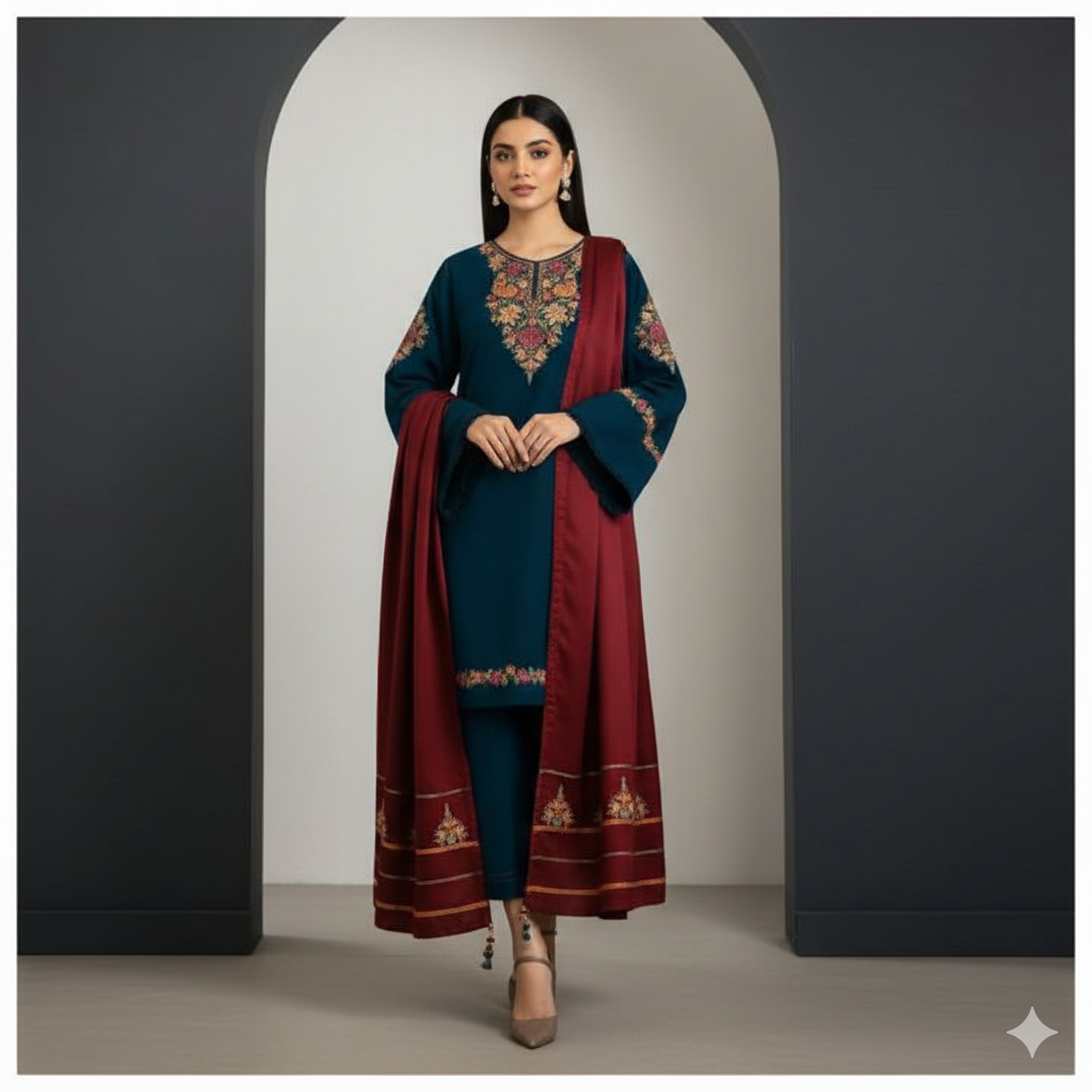 Dhanak Emerald Majesty 3-Piece Embroidered Winter Luxe Collection