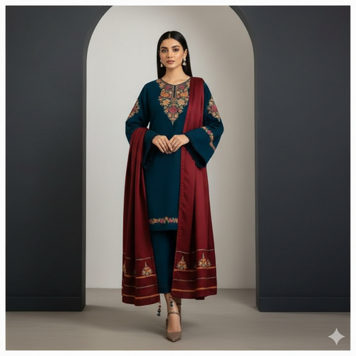 Dhanak Emerald Majesty 3-Piece Embroidered Winter Luxe Collection