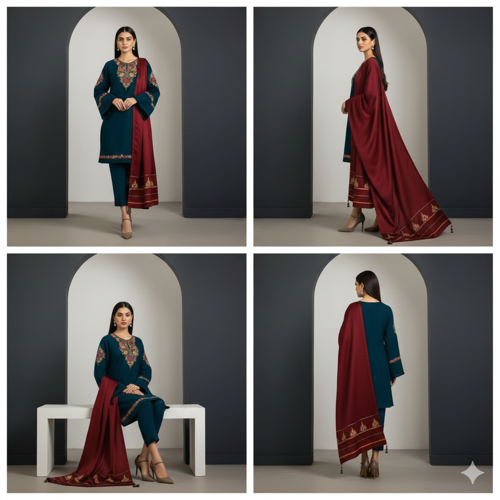 Dhanak Emerald Majesty 3-Piece Embroidered Winter Luxe Collection