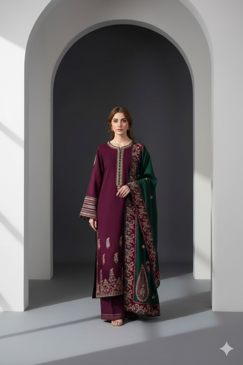 Royal Plum Khaddar Embroidered 3-Piece Suit - Premium Collection