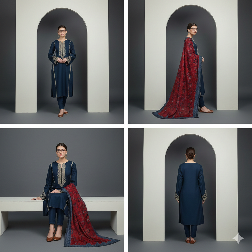 Dhanak Navy Opulence 3-Piece Embroidered Winter Luxe Collection