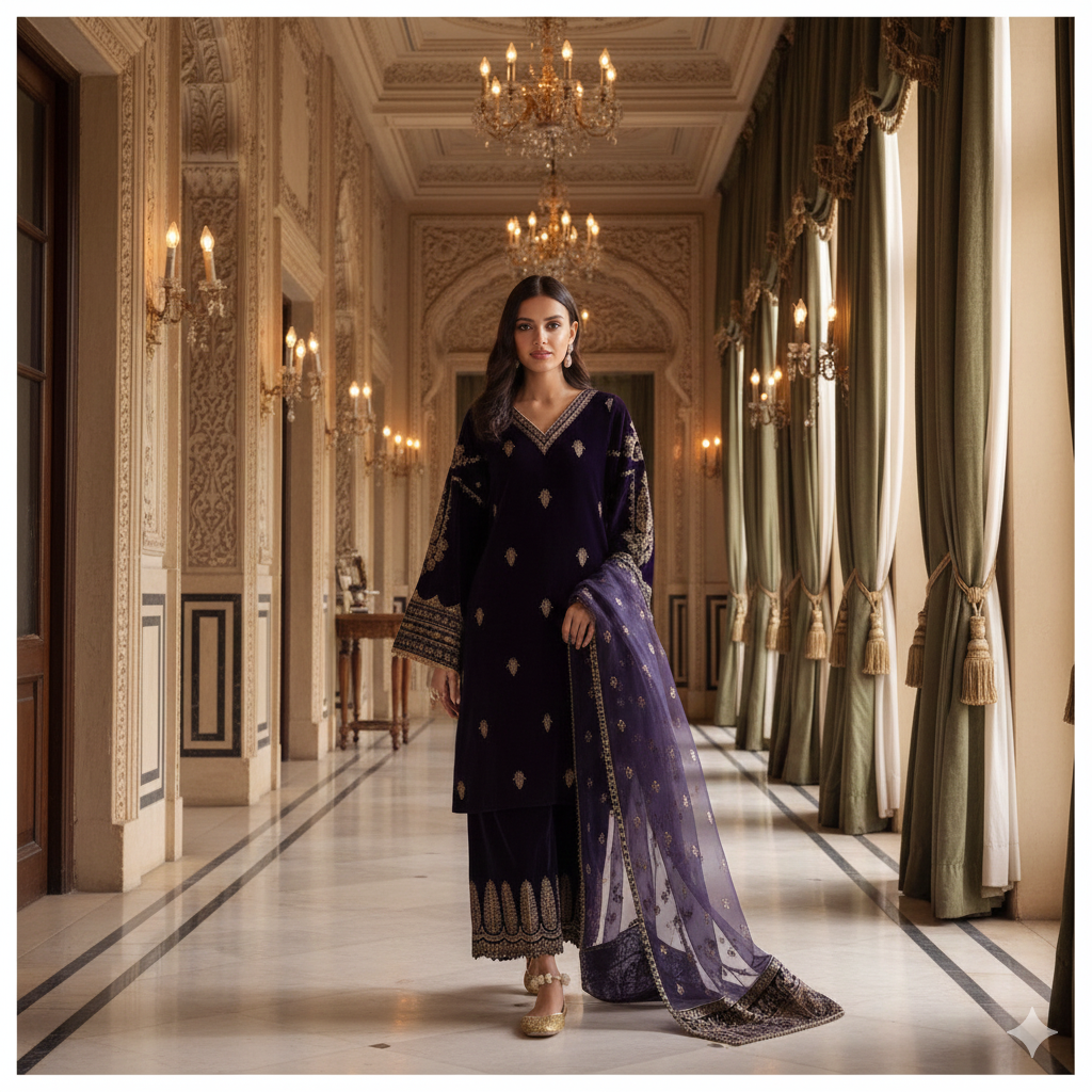 Marjan "Royal Plum" Embroidered Velvet Collection – Midnight Amethyst-UNSTICHED