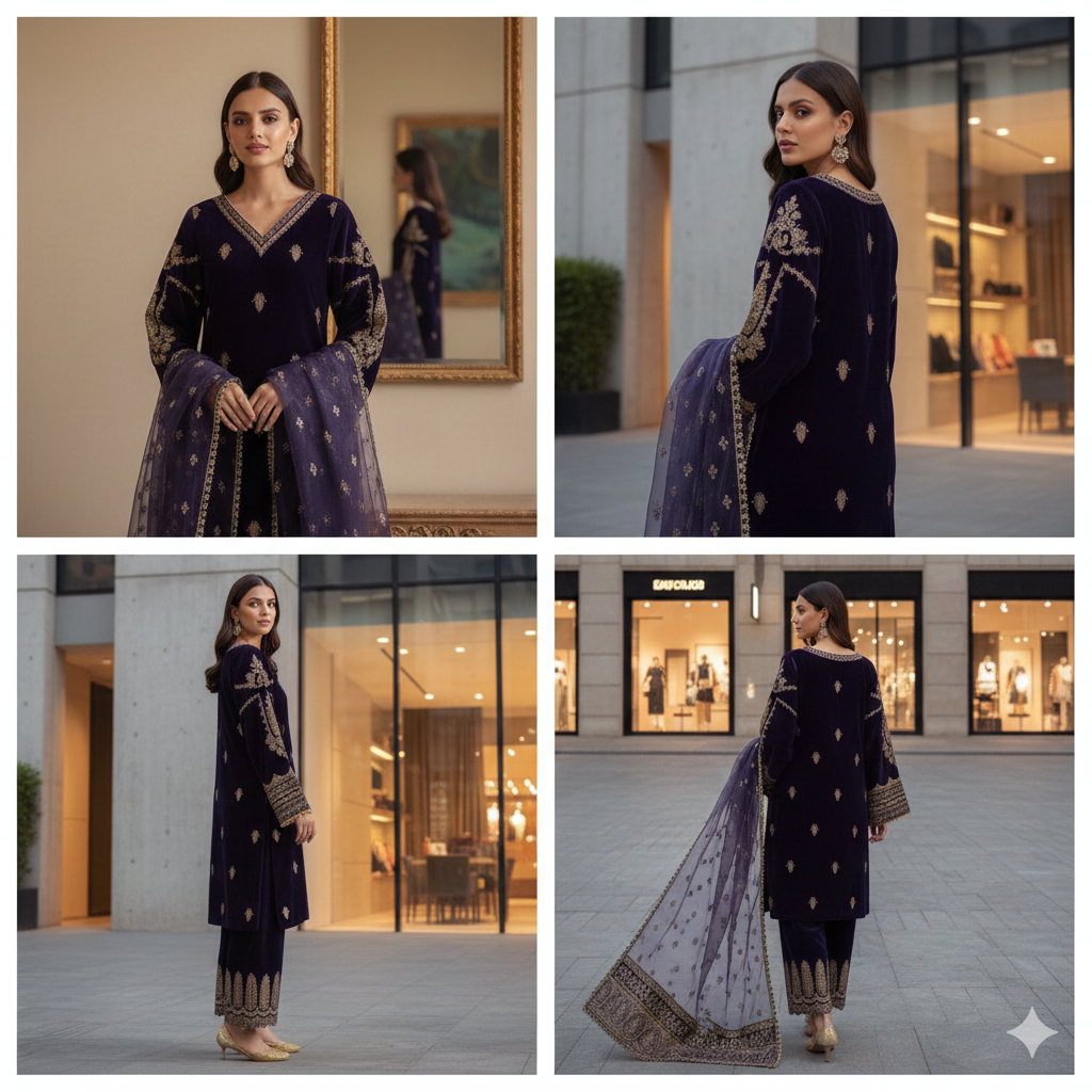 Marjan "Royal Plum" Embroidered Velvet Collection – Midnight Amethyst-UNSTICHED