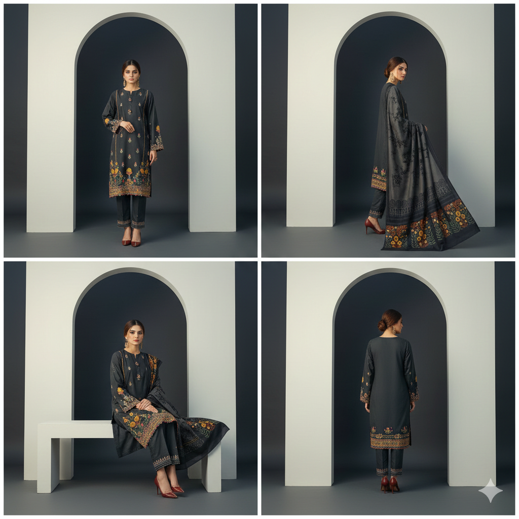 Dhanak Midnight Garden 3-Piece Embroidered Winter Luxe Collection