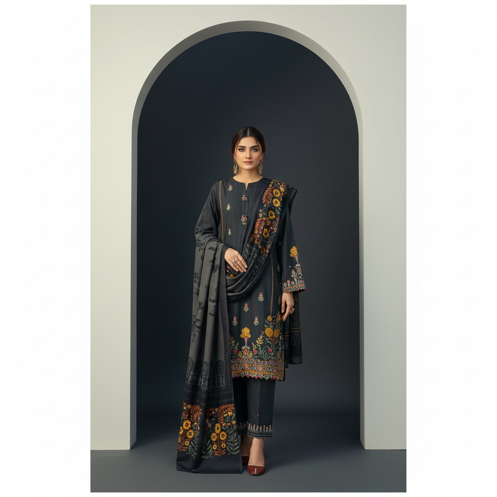 Dhanak Midnight Garden 3-Piece Embroidered Winter Luxe Collection