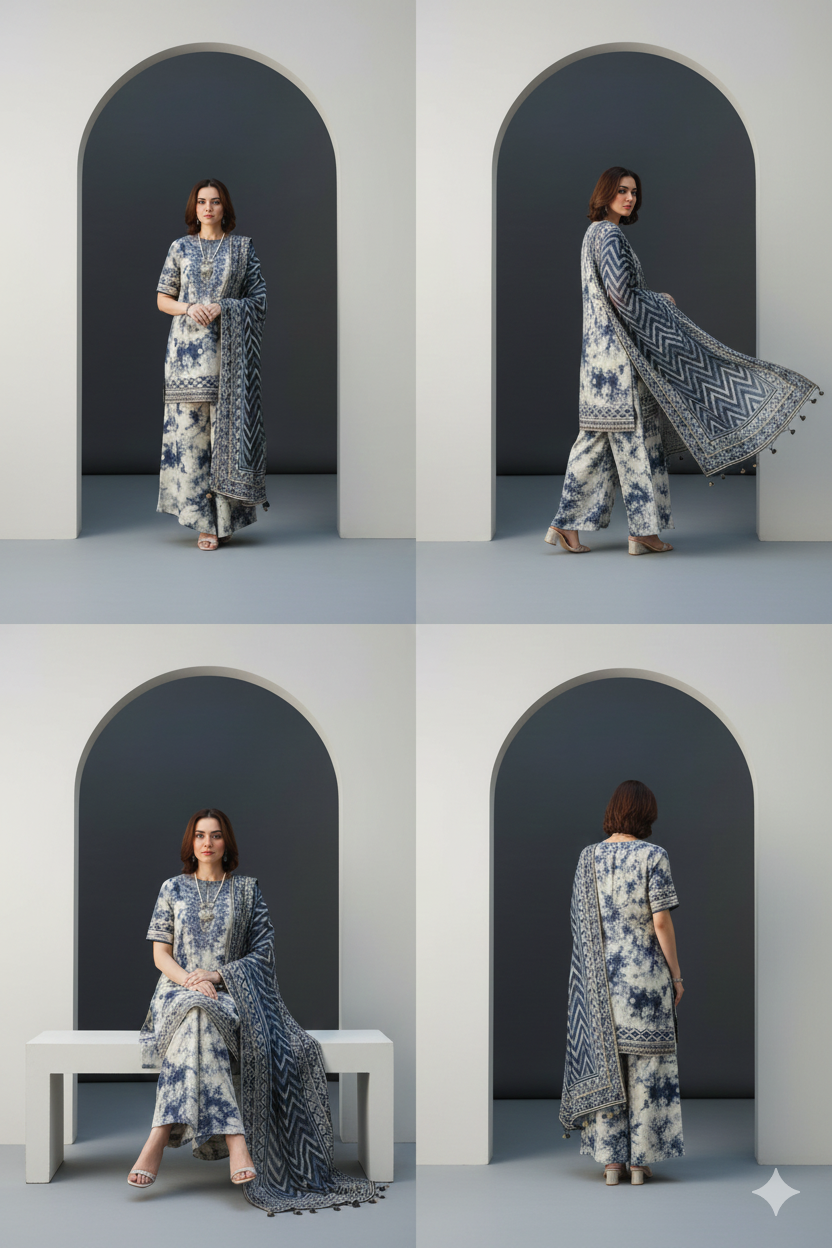 Navy Floral Lawn 3-Piece Suit