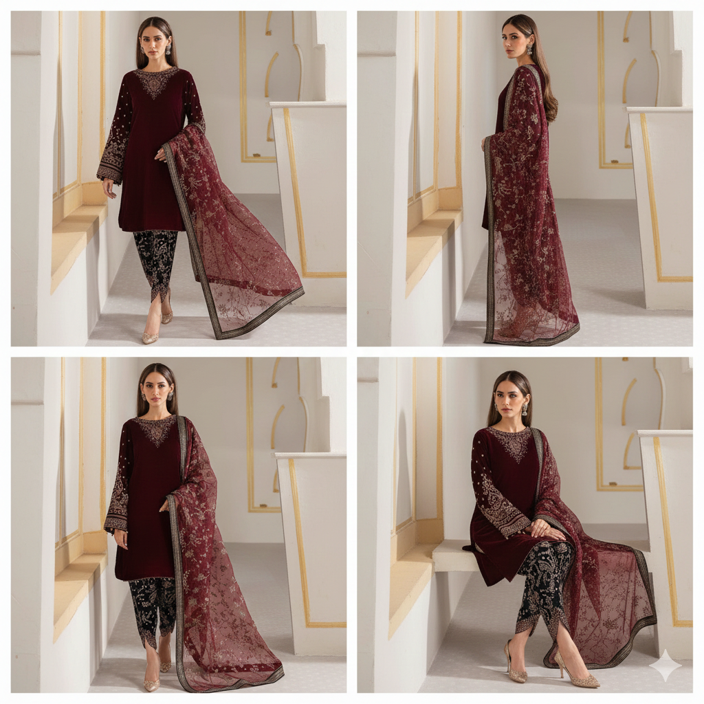 Malika-e-Durbar: Luxury Unstitched Velvet Ensemble – Deep Plum Edition