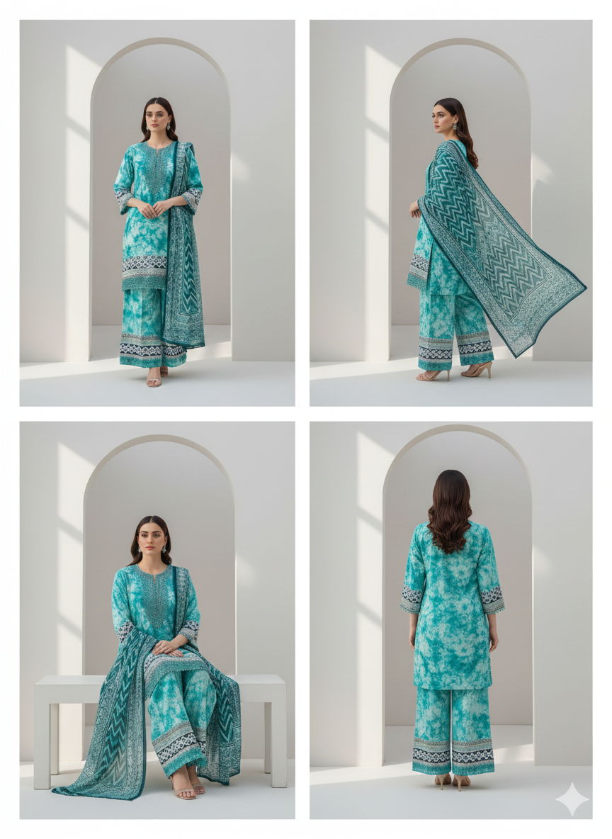 Turquoise Tie-Dye Lawn 3-Piece Suit