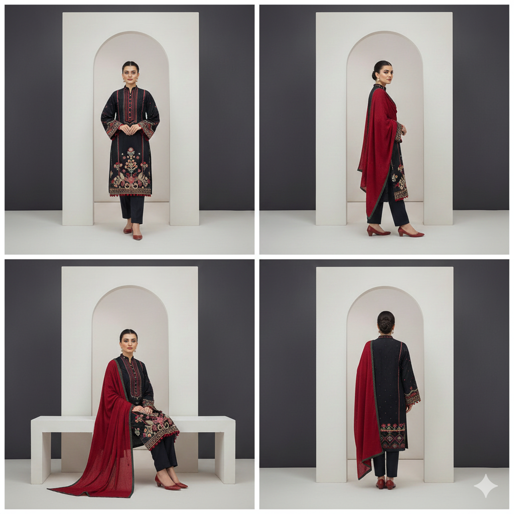 Dhanak Pashto Black Royale 3-Piece Embroidered Winter Collection