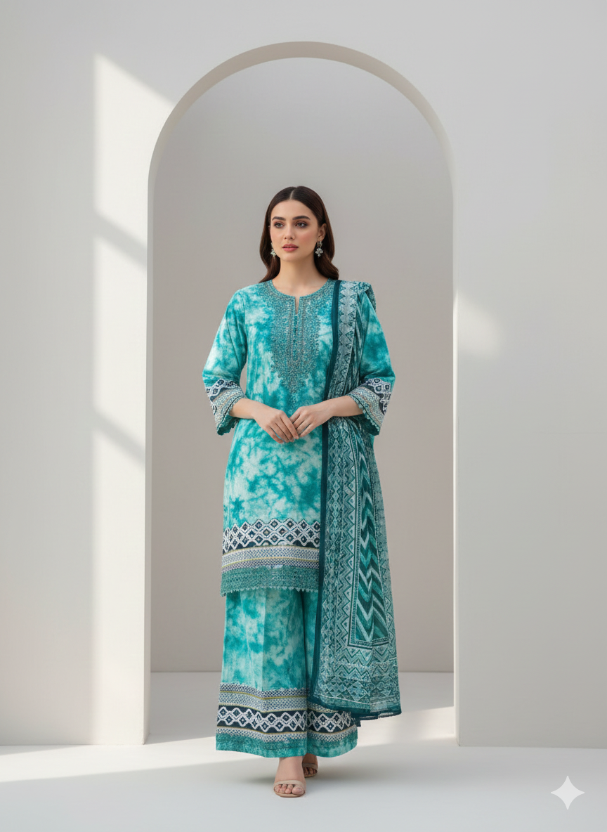 Turquoise Tie-Dye Lawn 3-Piece Suit