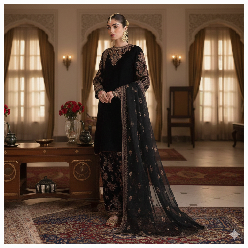 The Midnight Sultana Luxury Unstitched 3-Piece Jet Black Velvet Ensemble