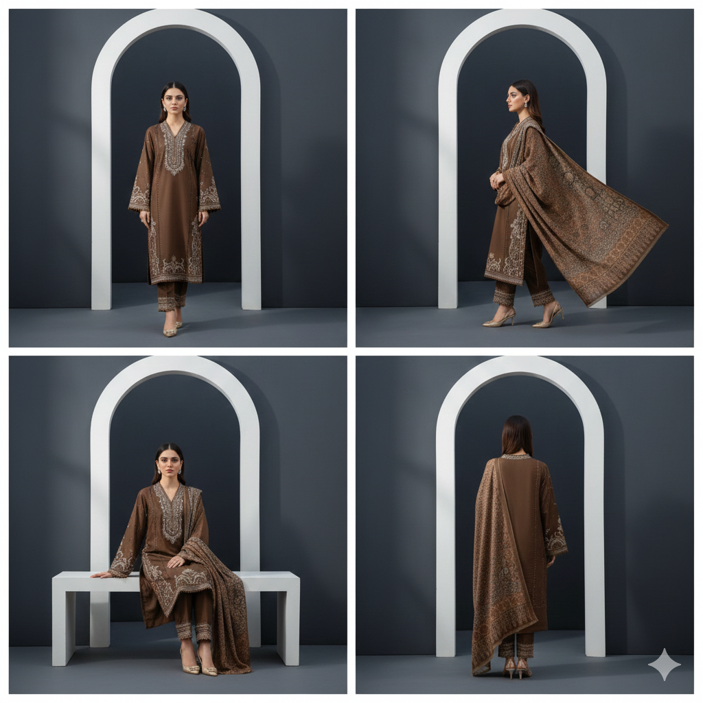 Dhanak Bronze Elegance 3-Piece Embroidered Winter Luxe Collection