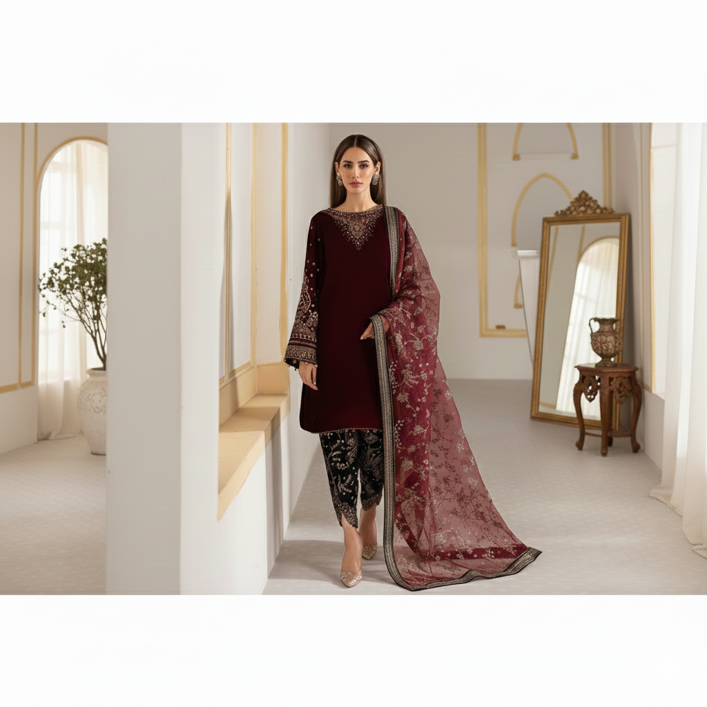 Malika-e-Durbar: Luxury Unstitched Velvet Ensemble – Deep Plum Edition