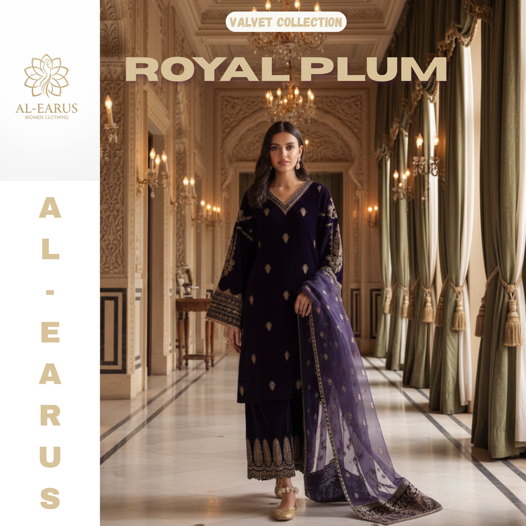 Marjan "Royal Plum" Embroidered Velvet Collection – Midnight Amethyst-UNSTICHED