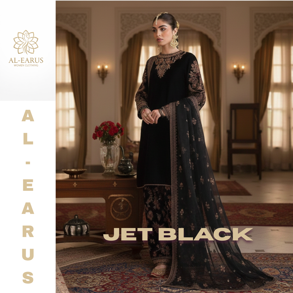 The Midnight Sultana Luxury Unstitched 3-Piece Jet Black Velvet Ensemble